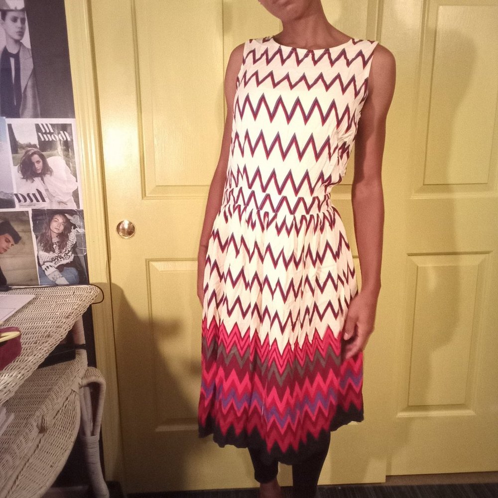 RUBY ROCKS vintage-style zag print dress. Made in Indonesia.